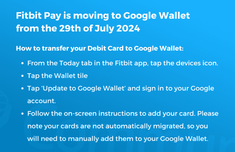 Instructions for switching Fitbit Pay to Google Wallet.