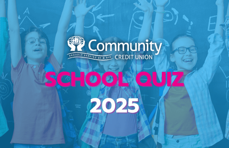 Kids with hands in the air behind Pink & White text promoting School Quiz 2025