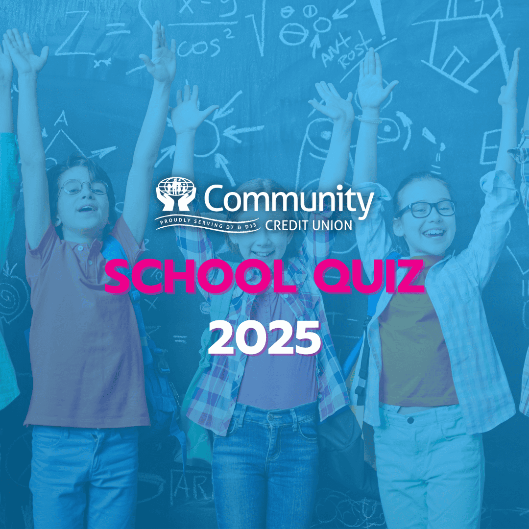 Kids with hands in the air behind Pink & White text promoting School Quiz 2025